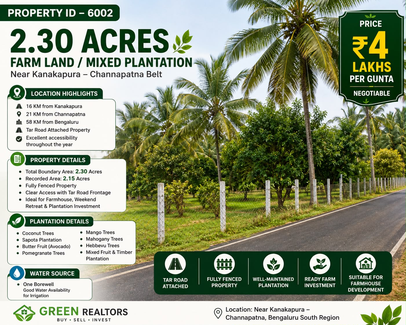  *PROPERTY ID –6002* 🌴🌿 *2.30 Acres Farm Land / Mixed Plantation for Sale – Near Kanakapura–Channapatna Belt*